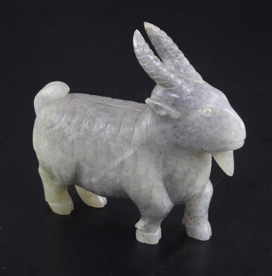 A Chinese grey jade figure of a standing ram, 18th / 19th century, length 11cm, wood stand